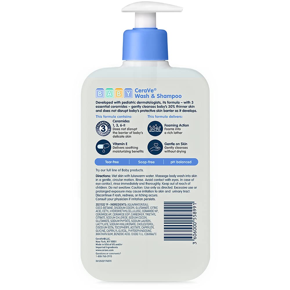 CeraVe Baby Wash & Shampoo | 2-in-1 Tear-Free Formula with 3 Essential Ceramides & Vitamin E | Fragrance, Paraben, Sulfate, & Dye Free | 16 fl oz