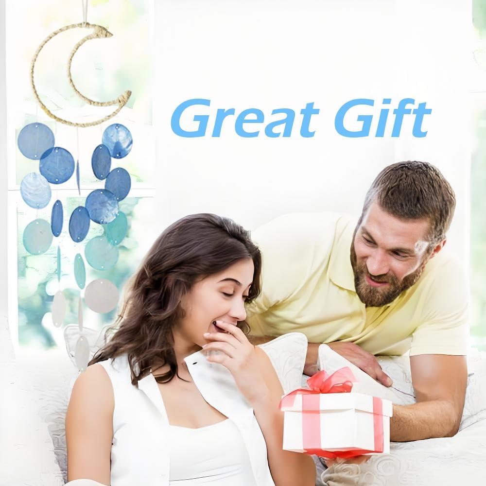 Handcrafted Capiz Shell Wind Chimes - 22 Inch Coastal Outdoor & Indoor Decor, Beach Style Blue Moon Shells, Perfect for Garden, Patio, and Home