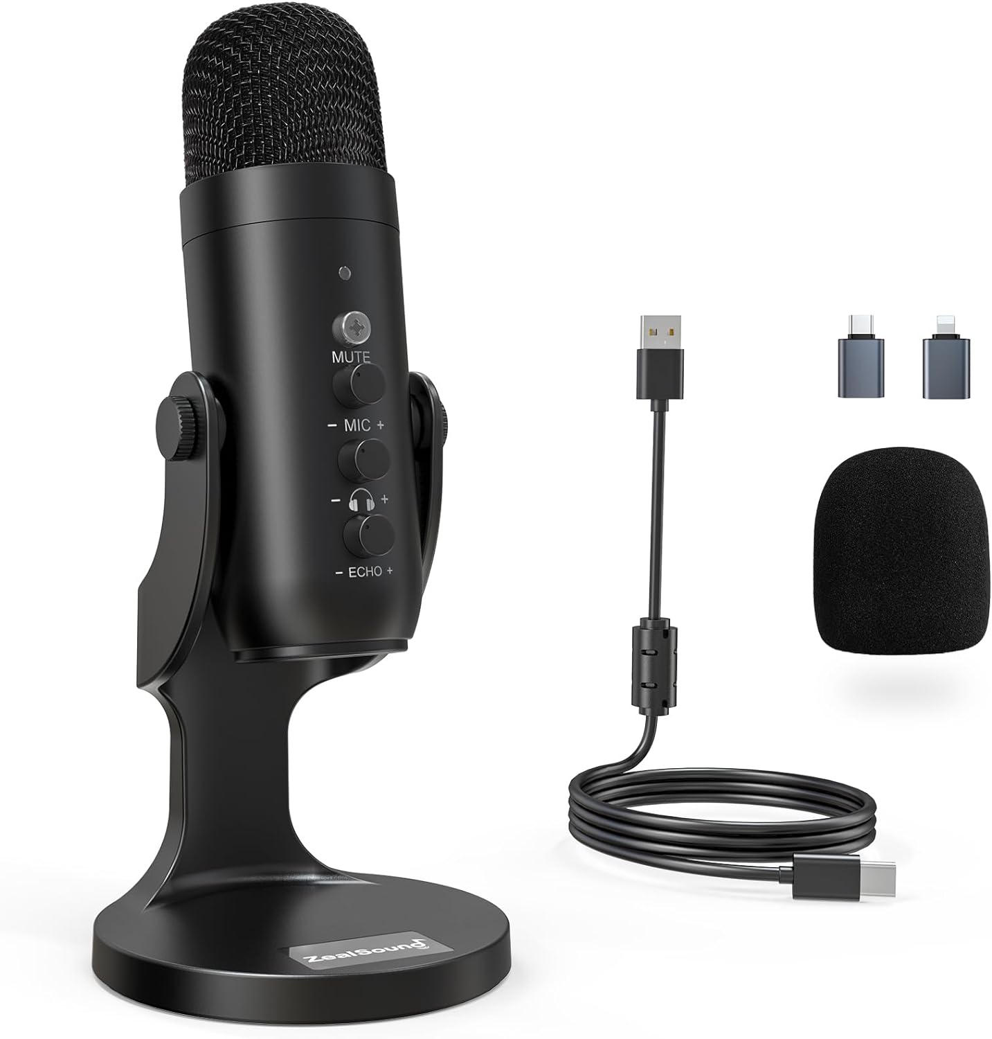 ZealSound Professional USB Microphone for PC & Streaming - Studio-Grade Podcast Mic with Noise Cancellation, Real-Time Monitoring, and Mobile Adapter Kit for Gaming, Recording, and Content Creation