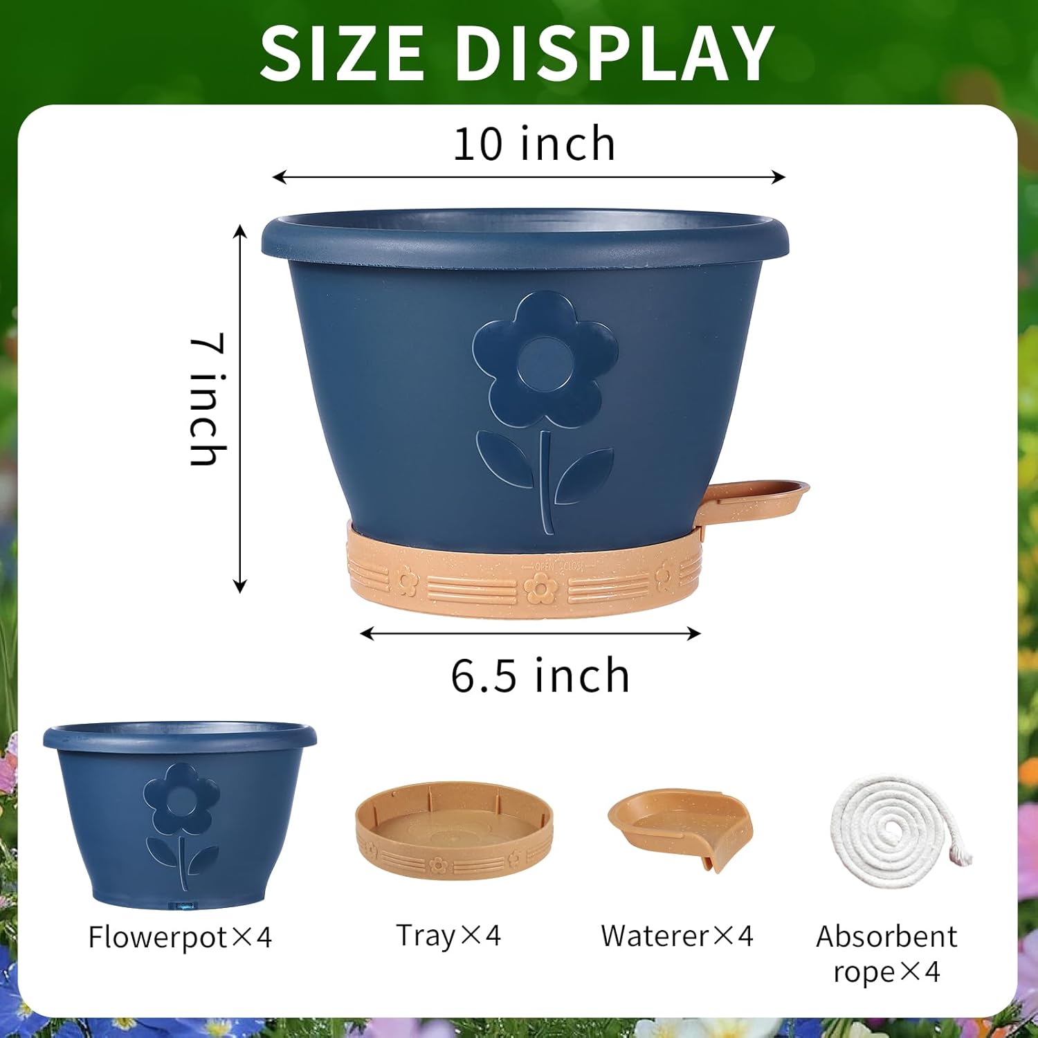Set of 4 Self-Watering Plant Pots, 10 Inch Plastic Planters with Saucer & Drainage Holes, Indoor/Outdoor Flower Pots & Reservoir for All Plants (Modern Black)