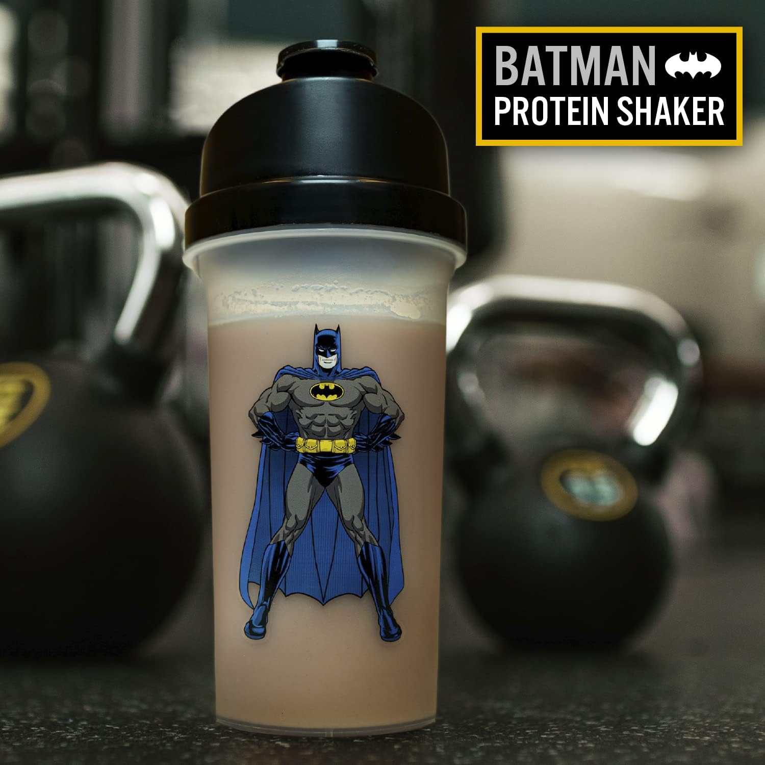 Official DC Comics Batman Protein Shaker Bottle - 23 oz Mixer Cup with Storage & Grid - Novelty Batman Gift for Gym & Fitness Fans