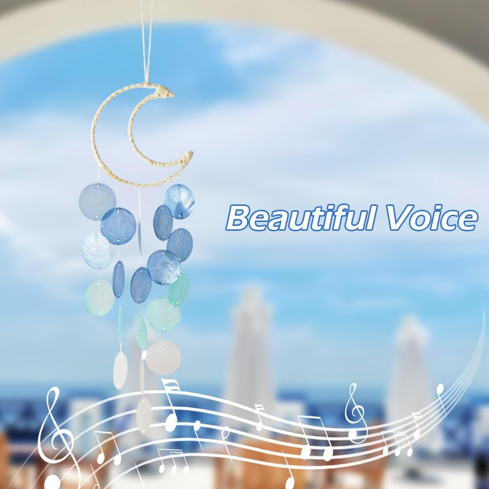 Handcrafted Capiz Shell Wind Chimes - 22 Inch Coastal Outdoor & Indoor Decor, Beach Style Blue Moon Shells, Perfect for Garden, Patio, and Home