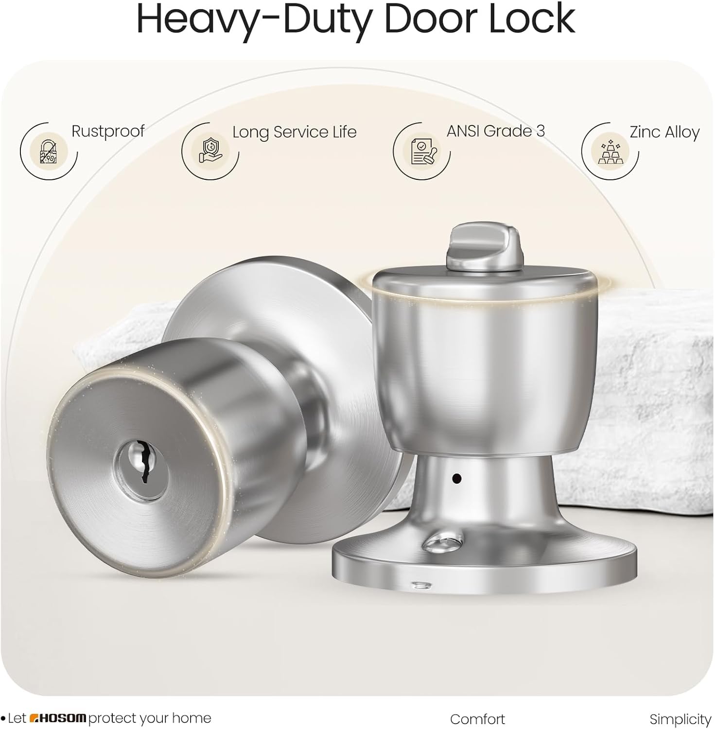 HOSOM Keyed Entry Door Knob with Single Cylinder Deadlock - Satin Nickel Heavy Duty Security Handle for Home, Office, and Exterior Doors
