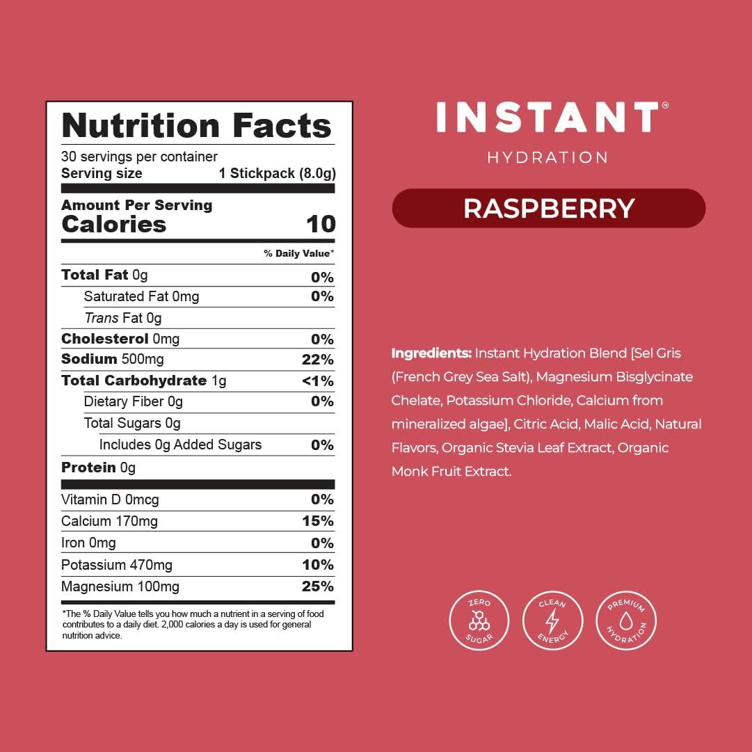 Raspberry Electrolytes Powder - Keto-Friendly Hydration Drink Mix - Zero Sugar, Gluten-Free, Non-GMO - Supports Muscle Recovery & Brain Health - 30 Stick Packets