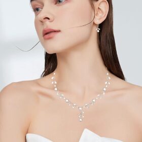Luxury Bridal Jewelry Set: Cubic Zirconia & Pearl Floral Necklace and Dangle Earrings for Weddings, Parties, and Special Gifts