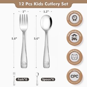 DRKIO Kids Stainless Steel Utensils Set – 12-Piece Toddler Flatware with Safe, Ergonomic Handles & Fun Animal Designs (Dishwasher Safe)