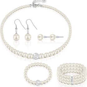 Glenmal Women's Pearl & Rhinestone Bridal Jewelry Set - Elegant Necklace, Bracelet & Earrings for Weddings & Parties