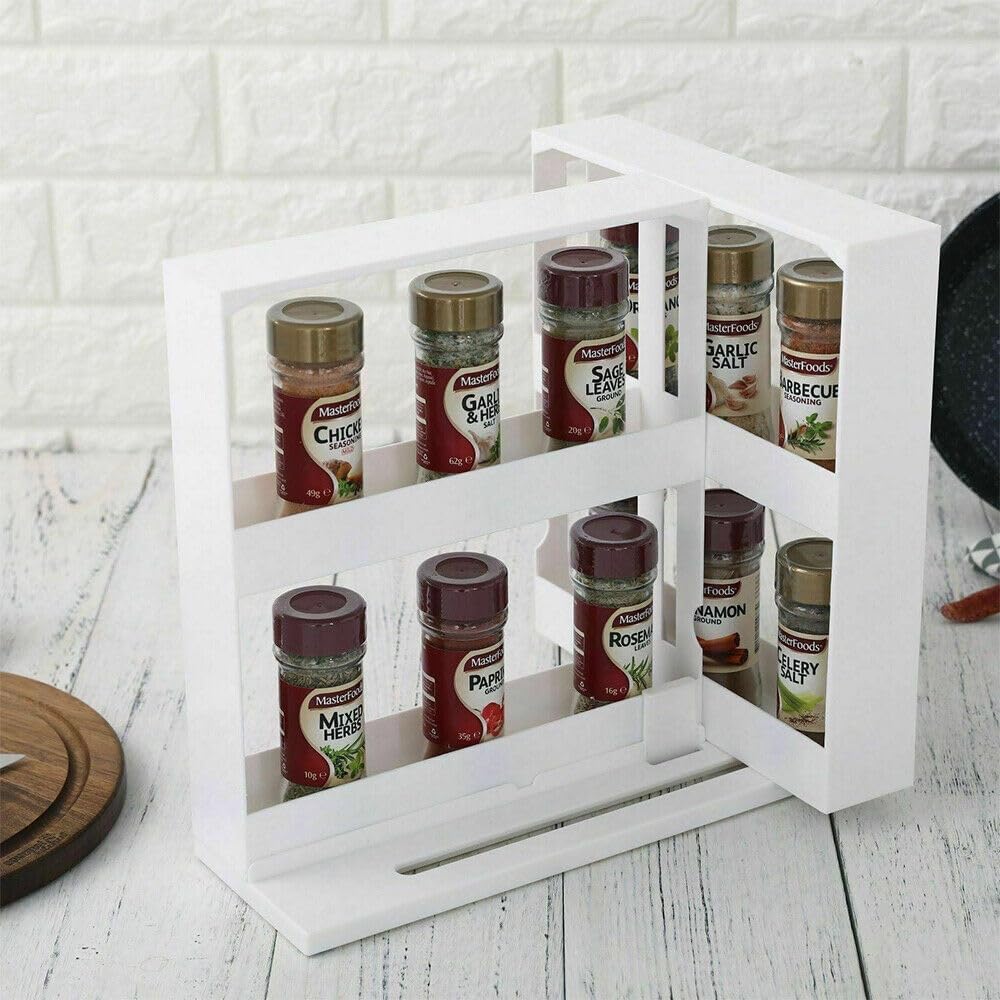 Leona Co 2-Tier Sliding Spice Rack Organizer – 360° Swivel Cabinet Caddy for Pantry & Kitchen Storage (Holds 20+ Bottles)