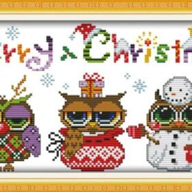 Awesocrafts Christmas Owls Cross Stitch Kit – Stamped Embroidery Set with Pattern, Needle, Thread & Instructions – DIY Holiday Sewing Crafts for Beginners & Adults