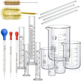 Professional Borosilicate Lab Glassware Set - 23-Piece Kit with Beakers, Graduated Cylinders, Stirring Rods, Pipettes & Brushes