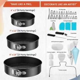 RFAQK 150-Piece Cake Baking & Decorating Set – 3 Non-Stick Springform Pans (4, 7, 9 Inch) with Icing Tips, Leveler & Supplies