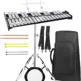Professional 32-Note Glockenspiel Bell Kit with Adjustable Stand, 8-Inch Practice Pad, Rolling Bag & Drumsticks – Portable Percussion Xylophone for Beginners & Students