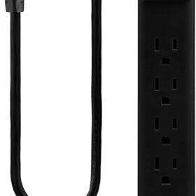GE 6-Outlet Power Strip – 2ft Cord, Wall Mountable, 15A/1800W, Integrated Circuit Breaker, UL Listed, Black (Model 14831)