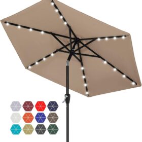 ABCCANOPY 7.5 ft Solar LED Patio Umbrella with Crank Lift & Tilt - 24 LED Lights, 6 Sturdy Ribs, UV50+ Fade Resistant Canopy (Tan)