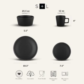 Stone Lain Celina 16-Piece Black Matte Stoneware Dinnerware Set – Modern Dishes Service for 4, Microwave & Dishwasher Safe