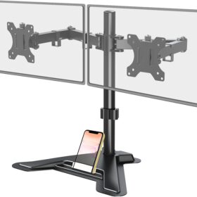 MOUNT PRO Dual Monitor Stand - Heavy Duty Free-Standing Desk Mount for 2 Screens up to 27 inches, Full Motion Gas Spring Arm with VESA 75x100mm, Height Adjustable & Swivel (Black)