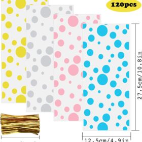 120Pcs Polka Dot Cellophane Treat Bags with Gold Twist Ties – 4.9” x 10.8” Clear Goodie Bags for Wedding, Birthday, Baby Shower & Party Favors