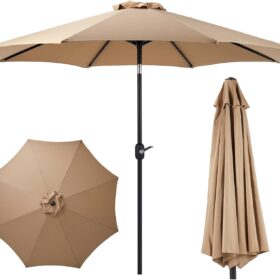 OLIXIS 9ft Solar LED Patio Umbrella with Tilt and Crank - Khaki Outdoor Market Umbrella with 8 Ribs & Waterproof Canopy for Deck, Poolside, and Backyard