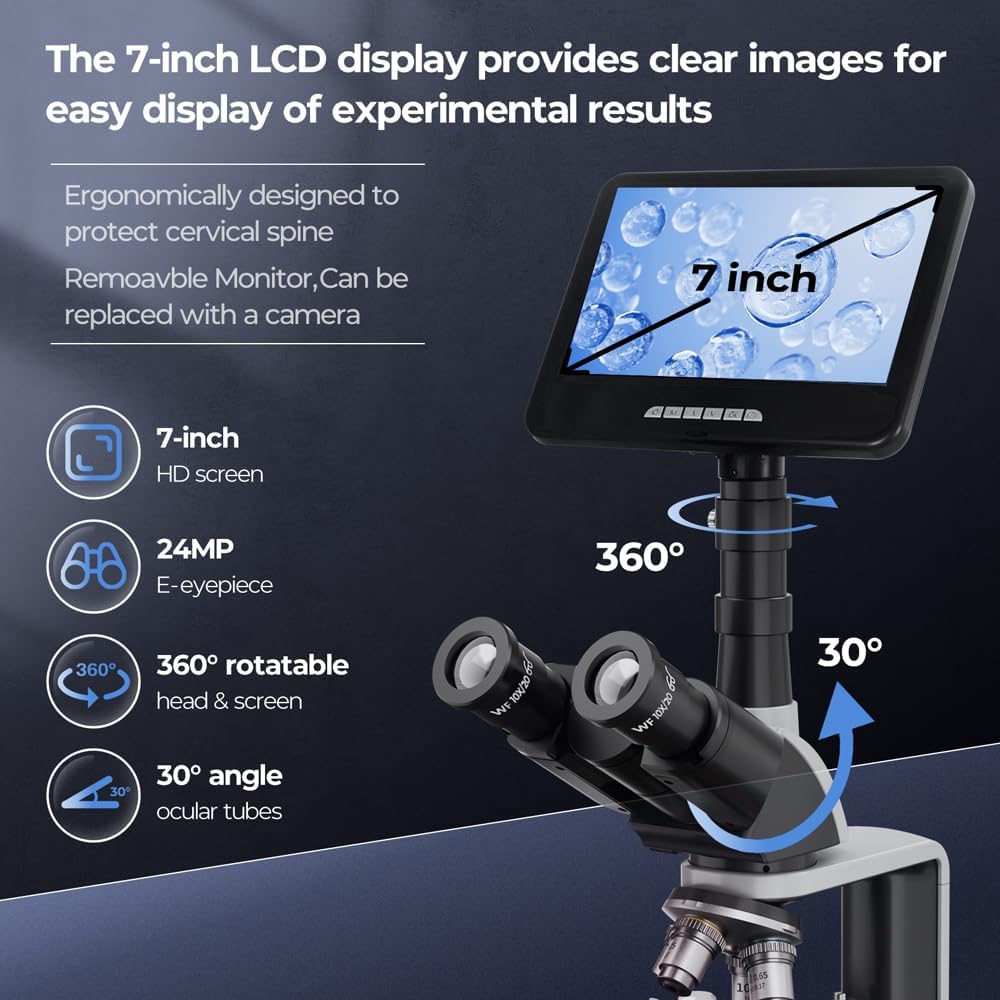 Vabiooth Lab Trinocular Compound Microscope with 7-Inch 24MP LCD Monitor, 40X-2500X Magnification, 4K HDMI Output, Mechanical Stage, and Carrying Case
