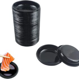 100 Count Black Disposable Dipping Sauce Dishes - 3.11 inch Round Plastic Soy Sauce Plates for Sushi, Catering, BBQ & Tastings
