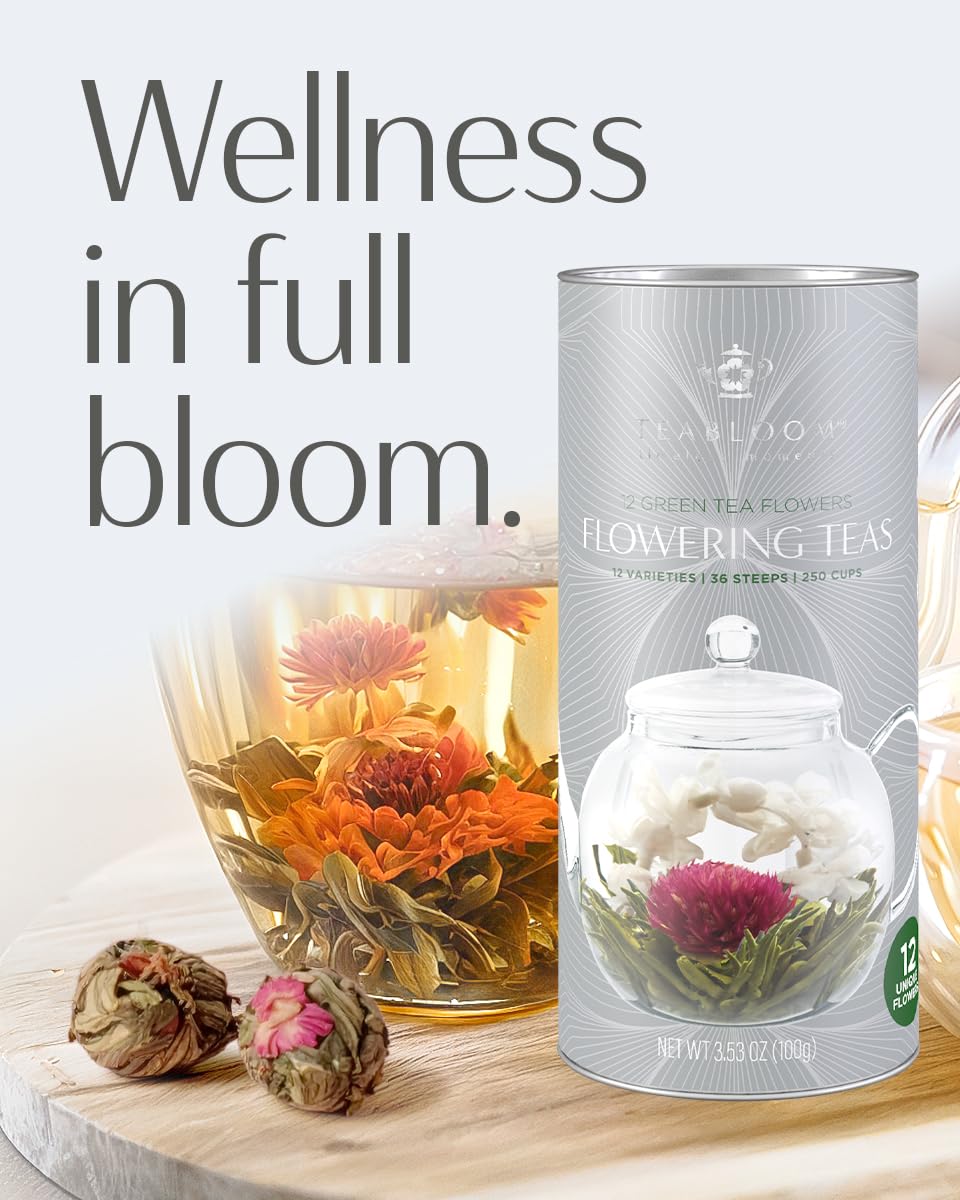 Teabloom Flowering Tea Gift Set - 12 Hand-Tied Blooming Green Tea Varieties - 36 Servings of Exquisite Jasmine & Edible Flowers - Premium Loose Leaf Tea Canister