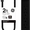 GE 6-Outlet Power Strip – 2ft Cord, Wall Mountable, 15A/1800W, Integrated Circuit Breaker, UL Listed, Black (Model 14831)