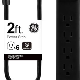 GE 6-Outlet Power Strip – 2ft Cord, Wall Mountable, 15A/1800W, Integrated Circuit Breaker, UL Listed, Black (Model 14831)
