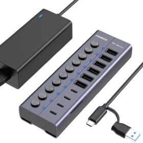 FIDECO 10-Port USB 3.2 Gen 2 Hub, 10Gbps Powered USB Splitter with 12V/5A Adapter, 6 USB-A & 4 USB-C Data Ports, Aluminum Multiport Adapter with Individual On/Off Switches for Laptop, PC, Mac