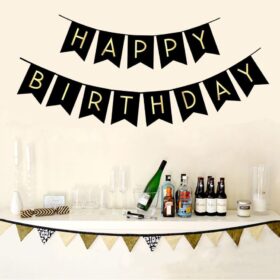 FECEDY Black and Gold Happy Birthday Banner - Luxury Shiny Foil Letter Bunting for Party Decorations