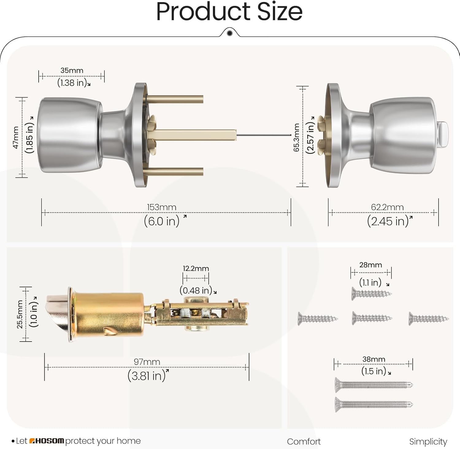 HOSOM Keyed Entry Door Knob with Single Cylinder Deadlock - Satin Nickel Heavy Duty Security Handle for Home, Office, and Exterior Doors