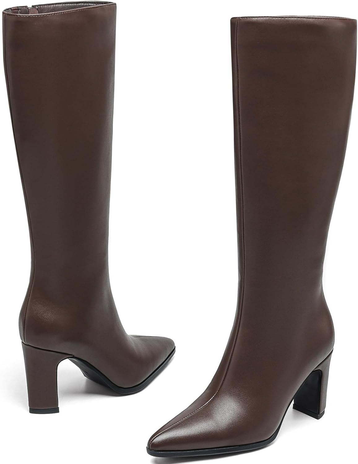 Women's Chunky Heel Knee High Boots - Pointed Toe Wide Calf Side Zipper Faux Leather Tall Dress Shoes for Fall & Winter