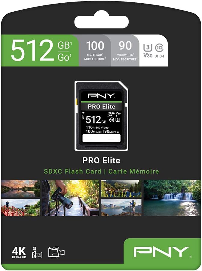 PNY PRO Elite 512GB SDXC Memory Card - Up to 100MB/s, UHS-I, U3, V30, 4K UHD & Full HD Video Support for DSLR & Mirrorless Cameras