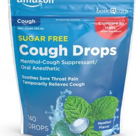 Amazon Basic Care Sugar Free Menthol Cough Drops - 140 Count Bag for Sore Throat Relief & Diabetic Support