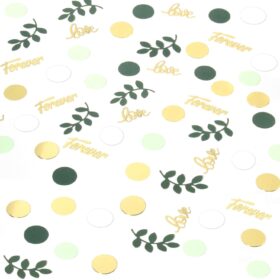 Sage Green Gold Wedding Confetti – 200pcs Botanical Leaf & Love Heart Table Scatter for Bridal Shower, Engagement & Boho Party Décor