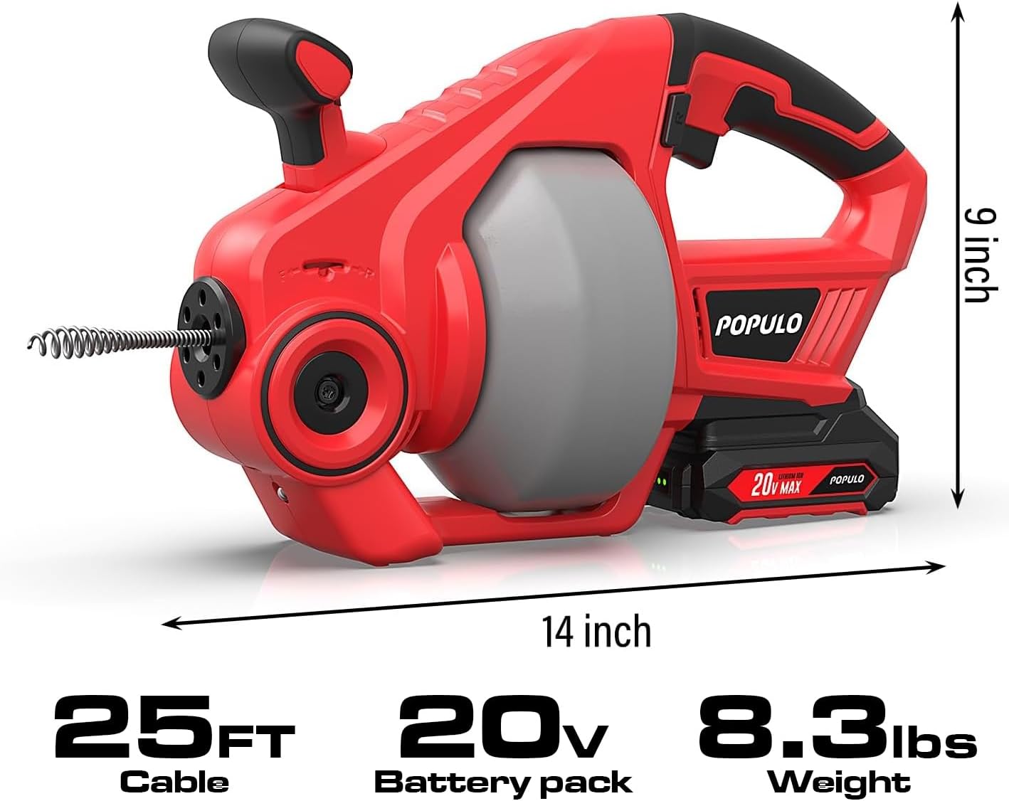 POPULO 20V Cordless Drain Auger with 25Ft Auto-Feed Cable, 2.0Ah Battery & LED Light - Professional Plumbing Snake for Kitchen, Bath & Shower Clogs (3/4"-2")