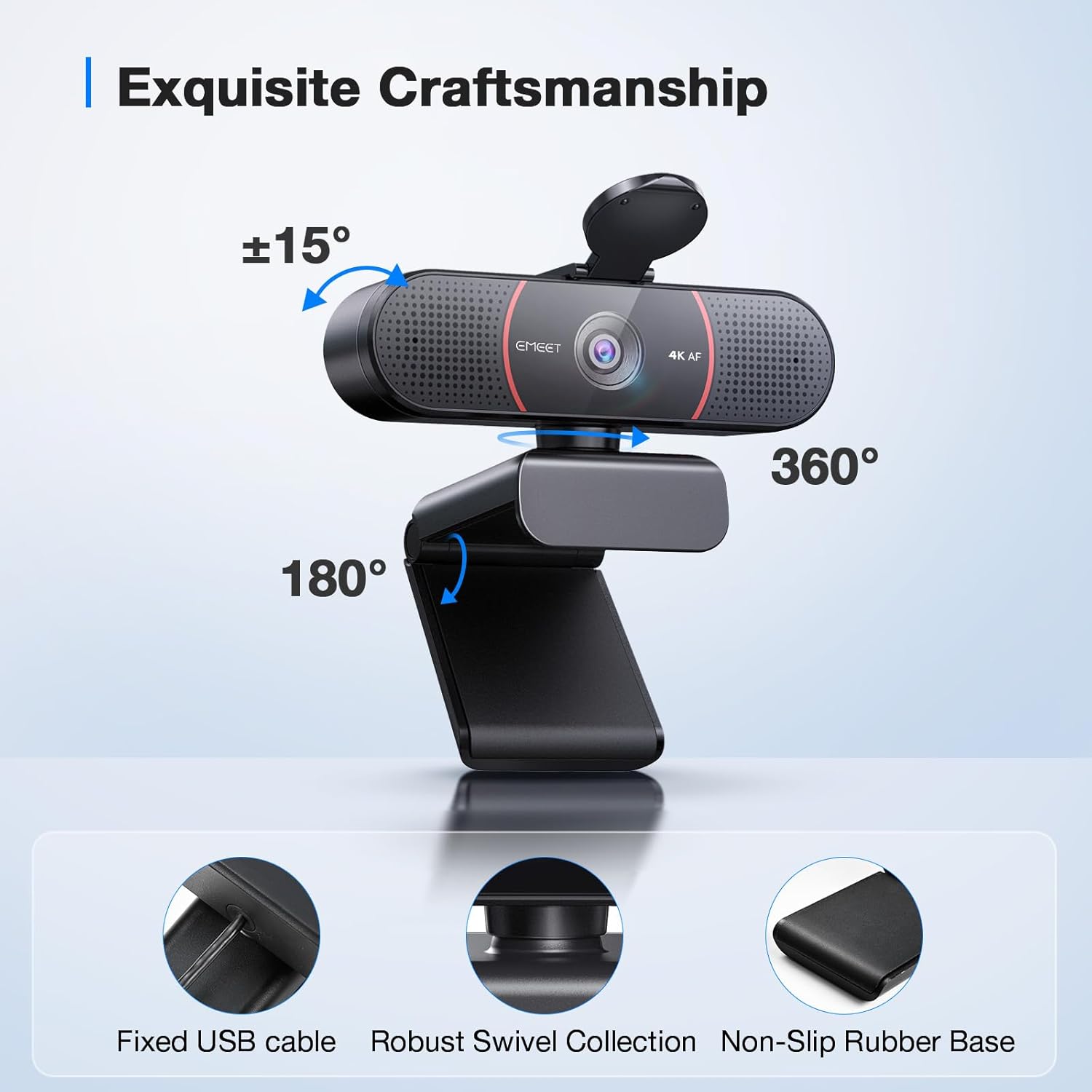 EMEET C960 4K Webcam for PC – Ultra HD USB Web Camera with PDAF Auto Focus, Noise-Reducing Microphones, Privacy Cover, & Adjustable Mount for Remote Work, Streaming, and Online Meetings