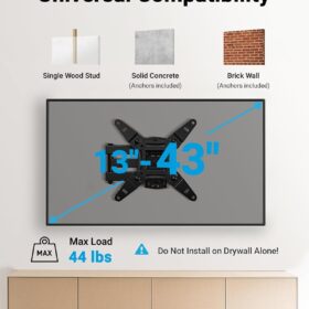 Pipishell Full Motion TV Wall Mount – Articulating Arm for 13-43 Inch TVs & Monitors, Fits Echo Show 21/15, VESA 200x200mm, 44lbs Capacity