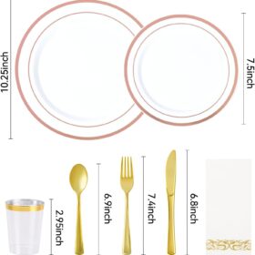 Rose Gold Disposable Dinnerware Set for 50 Guests – 350-Piece Party Pack with Dinner Plates, Salad Plates, Cups, Cutlery & Napkins – Elegant Bulk Plastic Tableware for Weddings, Holidays & Receptions