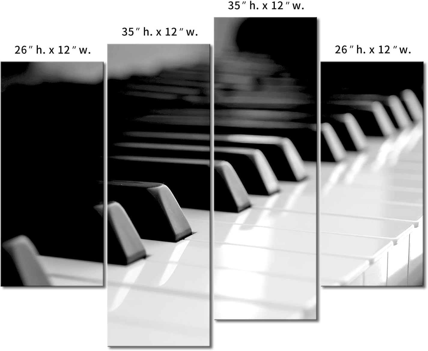Melody in Monochrome: Black & White Piano Keyboard Canvas Wall Art - 4 Panel Modern Home Decor