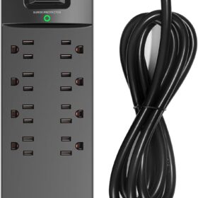 Addtam 14-Outlet Surge Protector Power Strip – 10 AC Outlets & 4 USB Ports (1 USB-C), 2700 Joules, 6ft Flat Plug Extension Cord, ETL Listed, Black