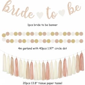 Champagne Gold & Beige Boho Bridal Shower Decorations Kit - 36pcs Fall Bachelorette Party Supplies with Bride to Be Banner, Paper Lanterns, Tissue Pom Poms, Tassel Garland & Fans