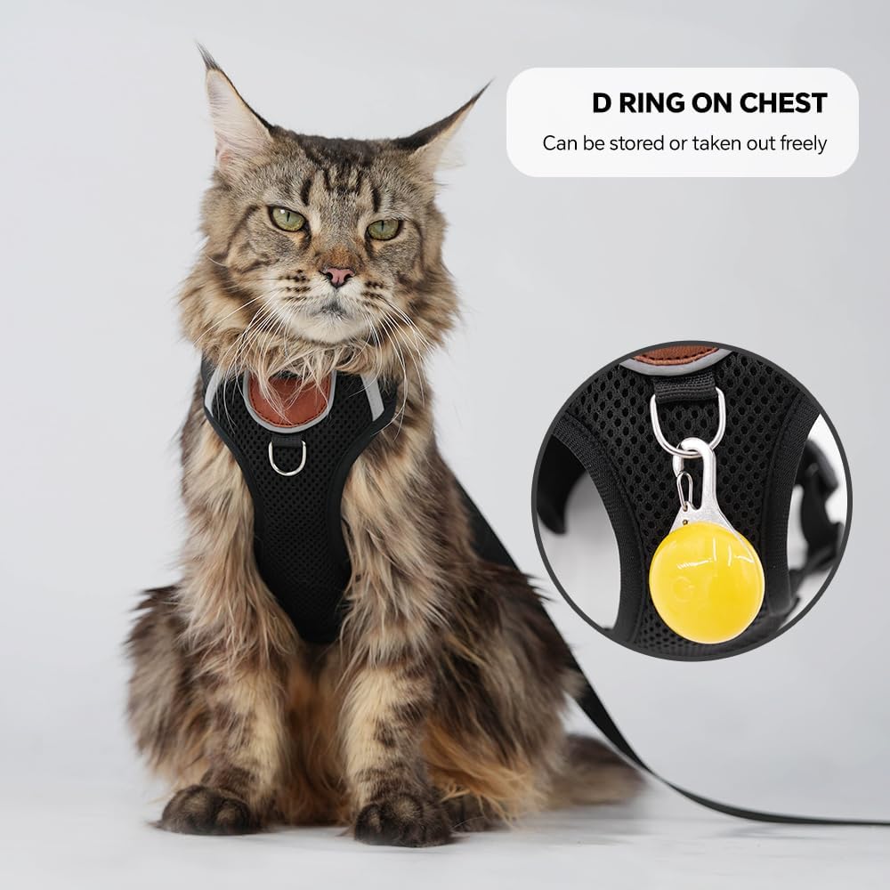 Escape-Proof Cat Harness and Leash Set with AirTag Pocket - Reflective, Adjustable Soft Mesh Vest for Large Cats and Small Dogs - 59' Lead Included (Black, Large)