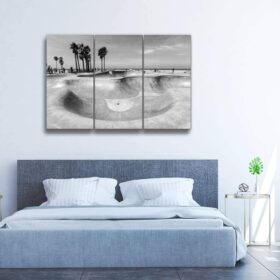 Venice Beach Skatepark Canvas Wall Art - Modern Black & White Skateboard Decor - Stretched & Framed 3-Piece Set