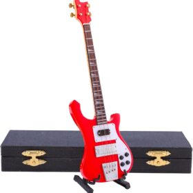 Miniature Electric Bass Guitar Replica - Handcrafted Wooden Model with Stand, Case & Display Accessories - Unique Music Lover Gift & Home Decor