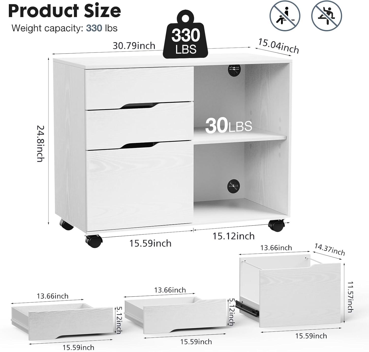 DUMOS Mobile Lateral File Cabinet with 3 Drawers – Rolling Wood Storage Organizer with Wheels, Adjustable Shelf, and Printer Stand – Versatile Office & Home Filing Solution (White)