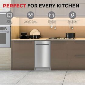 Honeywell 18-Inch Portable Dishwasher with Stainless Steel Tub – 8 Place Settings, 6 Wash Programs, ENERGY STAR Certified, Silver