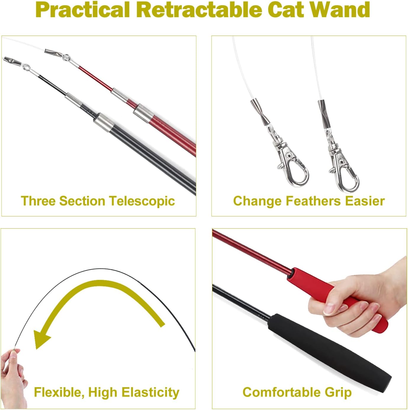 Cat Wand Toy Set for Indoor Cats - Retractable Interactive Teaser with 9 Feather Refills, Ideal for Kittens & Adult Cats