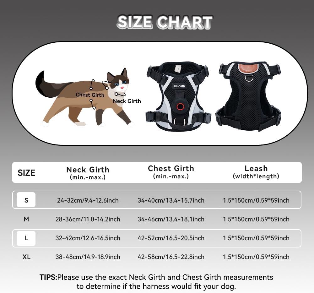 Escape-Proof Cat Harness and Leash Set with AirTag Pocket - Reflective, Adjustable Soft Mesh Vest for Large Cats and Small Dogs - 59' Lead Included (Black, Large)