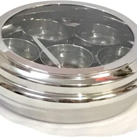 Premium Stainless Steel Masala Dabba - Transparent Spice Box with 7 Cups, 1 Spoon & Clear Lid - Traditional Indian Spice Storage Container for Kitchen Organization