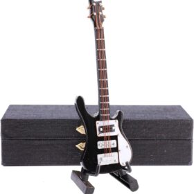 Handcrafted Wooden Miniature Electric Bass Guitar Replica with Stand & Case - Detailed Musical Instrument Model Figurine for Home Decor & Music Collectibles